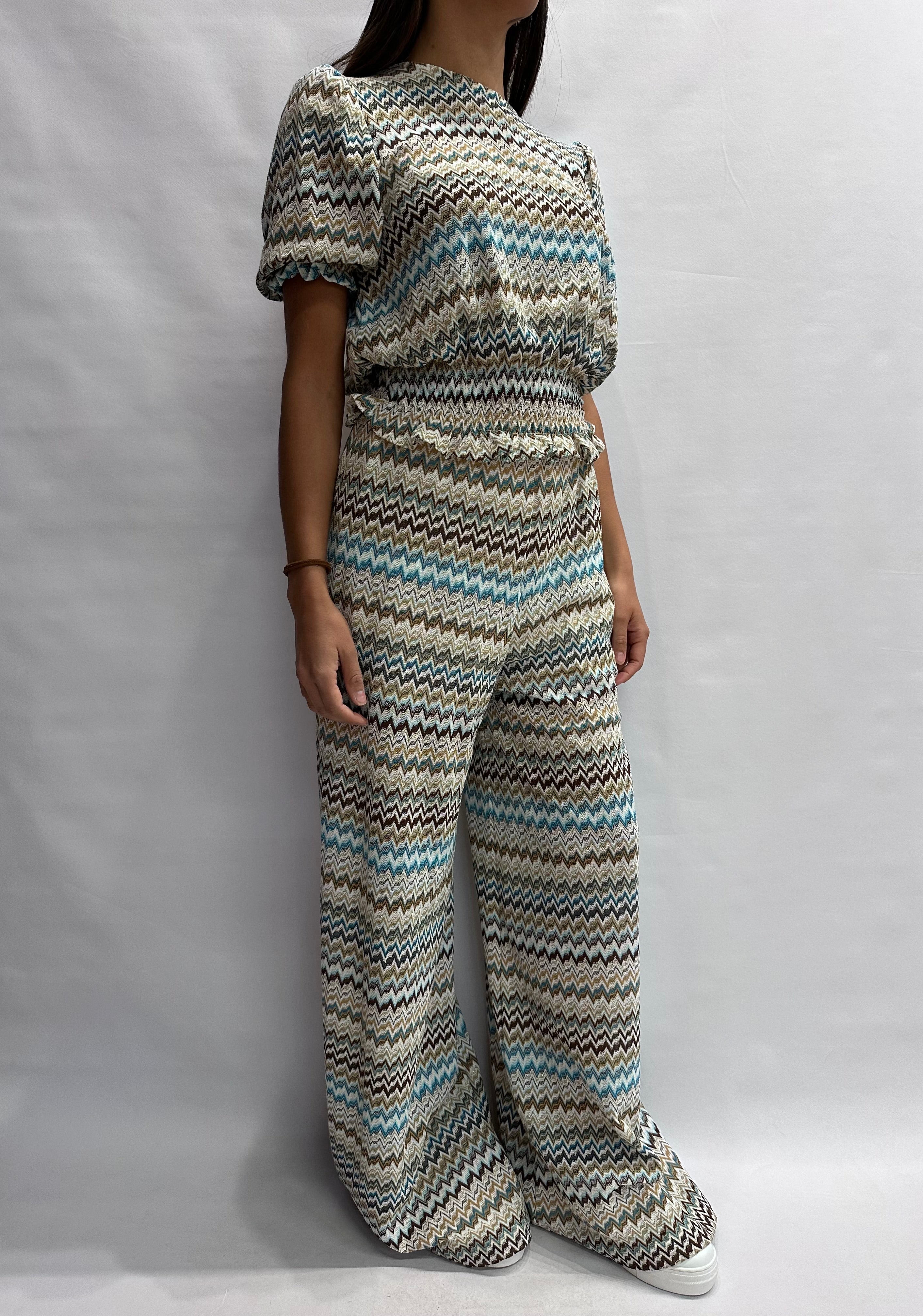 Coordinato TENSIONE IN in trama missoni nei colori dell' Azzurro, COD: S26PD07 e S26MD06