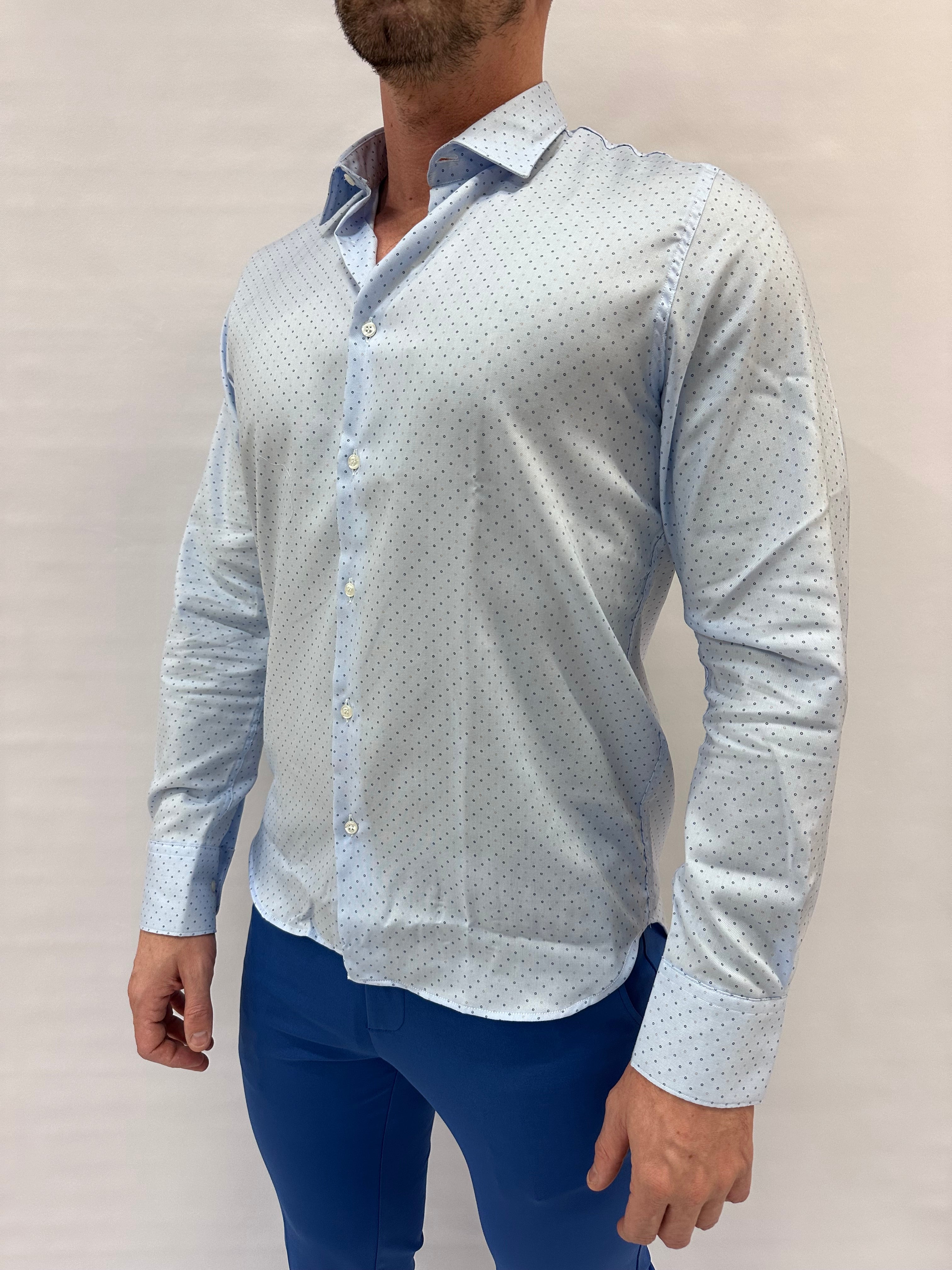 Camicia SL56 trama a piccoli cerchi blu e beige su base Azzurra - Cod: IRON3641