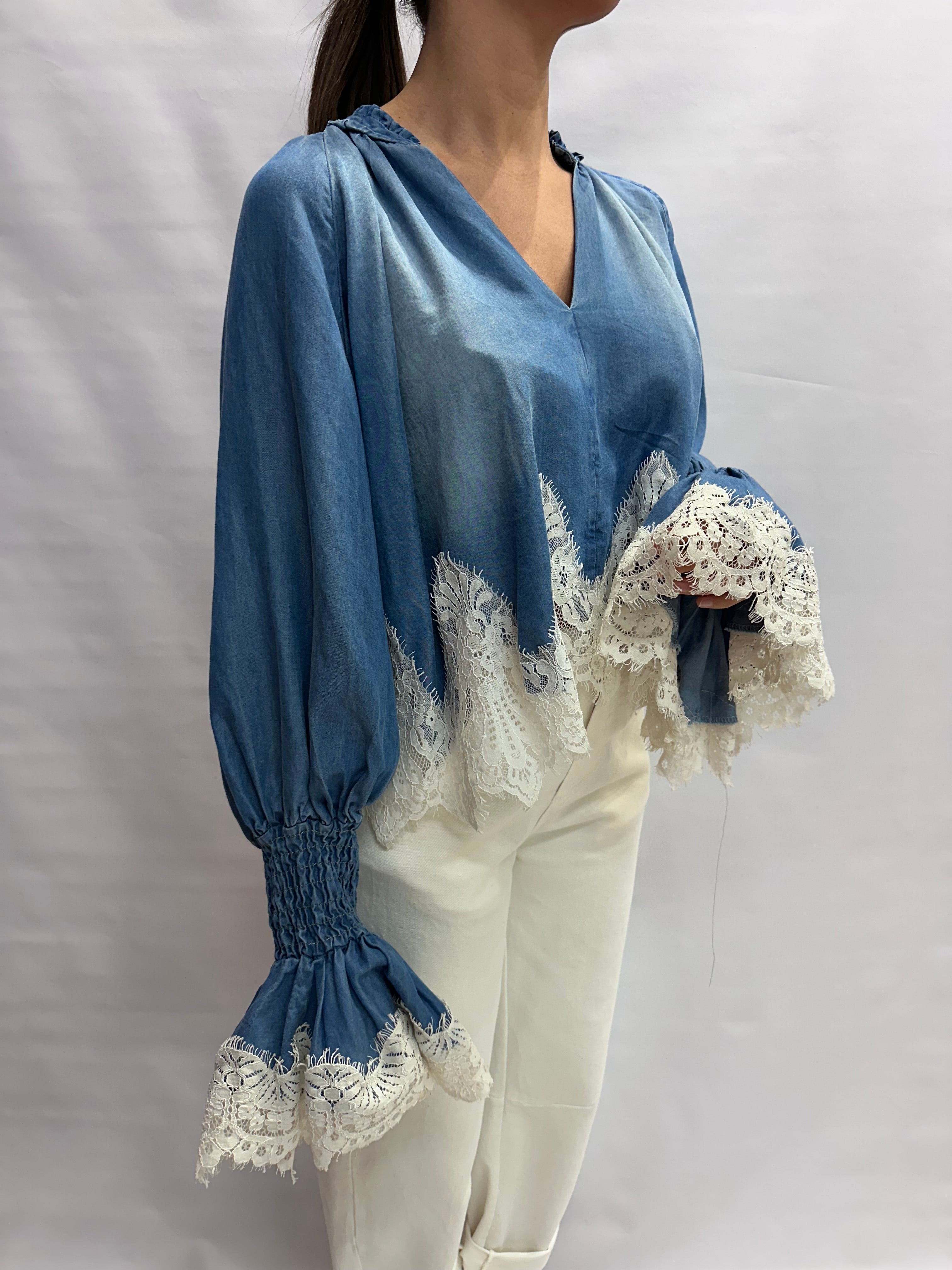 Camicia TENSIONE IN in Jeans con inserti in pizzo - Cod: S26C436