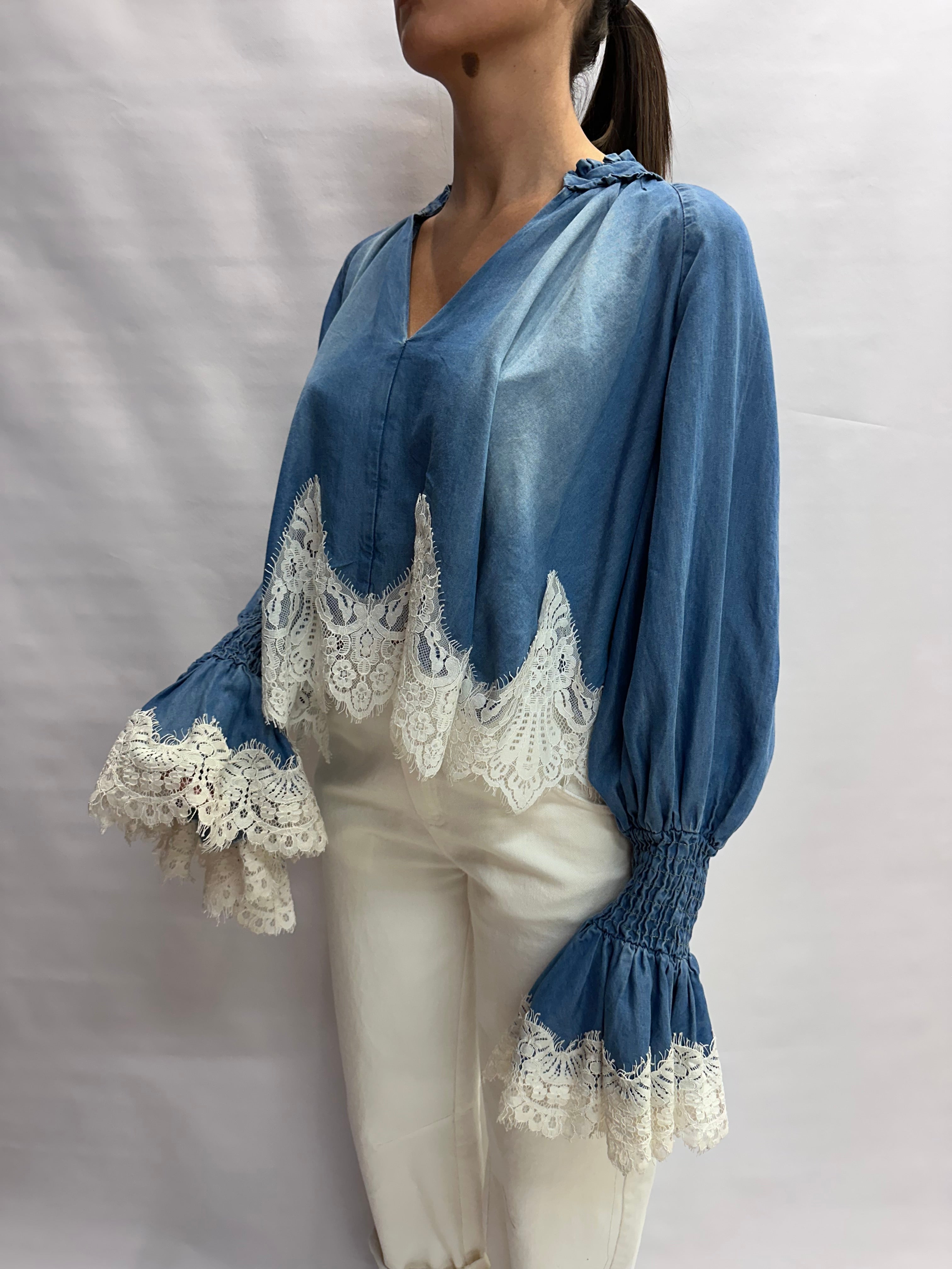 Camicia TENSIONE IN in Jeans con inserti in pizzo - Cod: S26C436