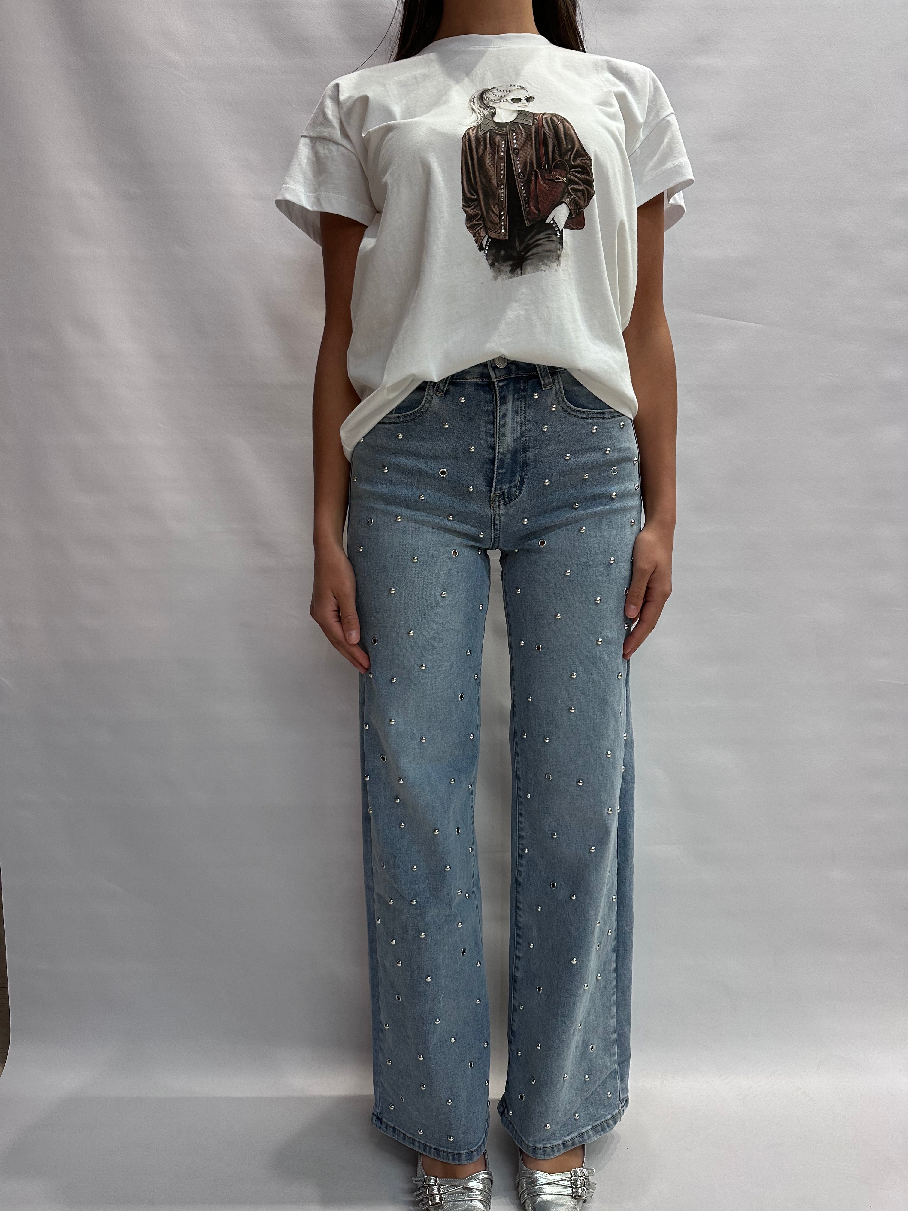 Jeans NO BRAND modello "LOOSE" con piccole borchie, gamba ampia e fondo largo - COD: WH3538