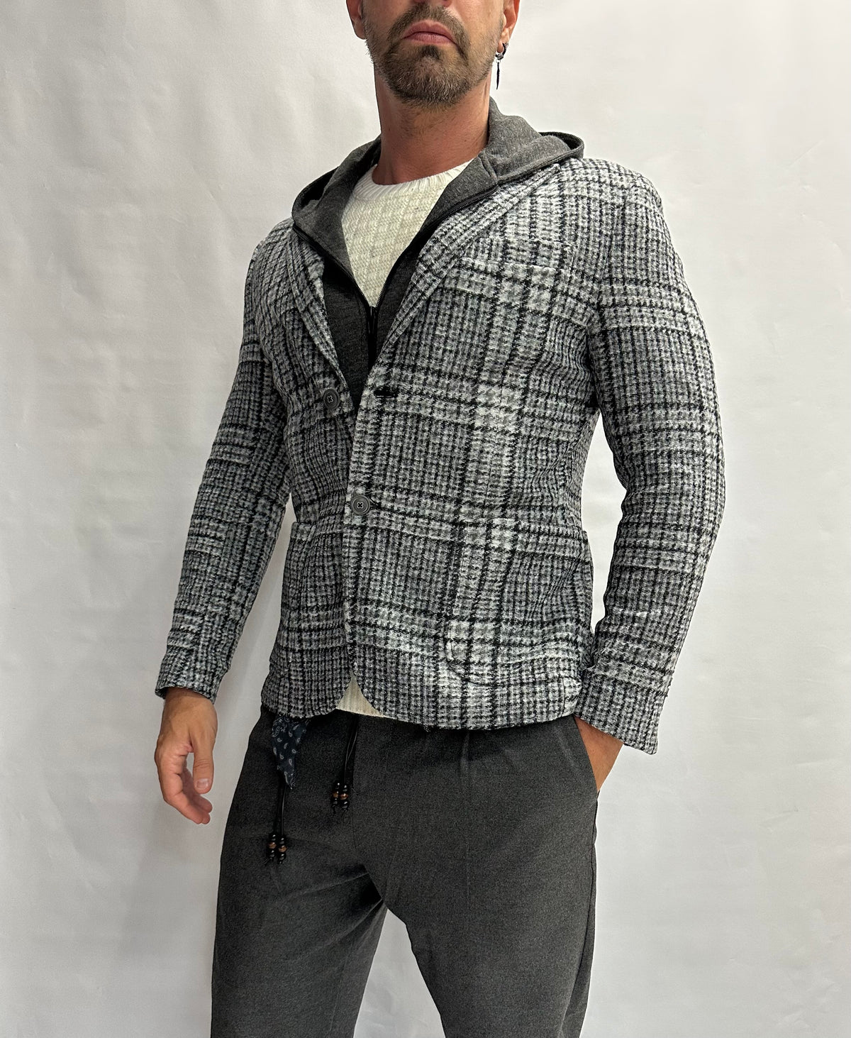 Giacca XAGON MAN scozzese con cappuccio rimovibile, monopetto - COD: PCFK33