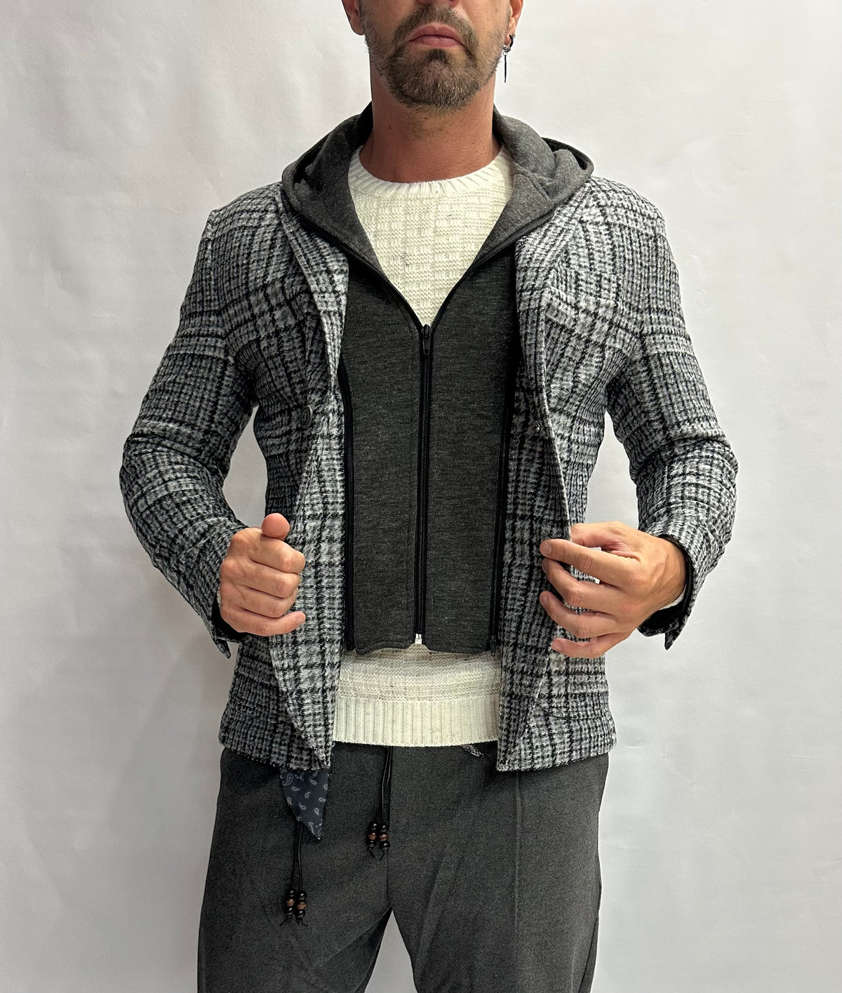 Giacca XAGON MAN scozzese con cappuccio rimovibile, monopetto - COD: PCFK33
