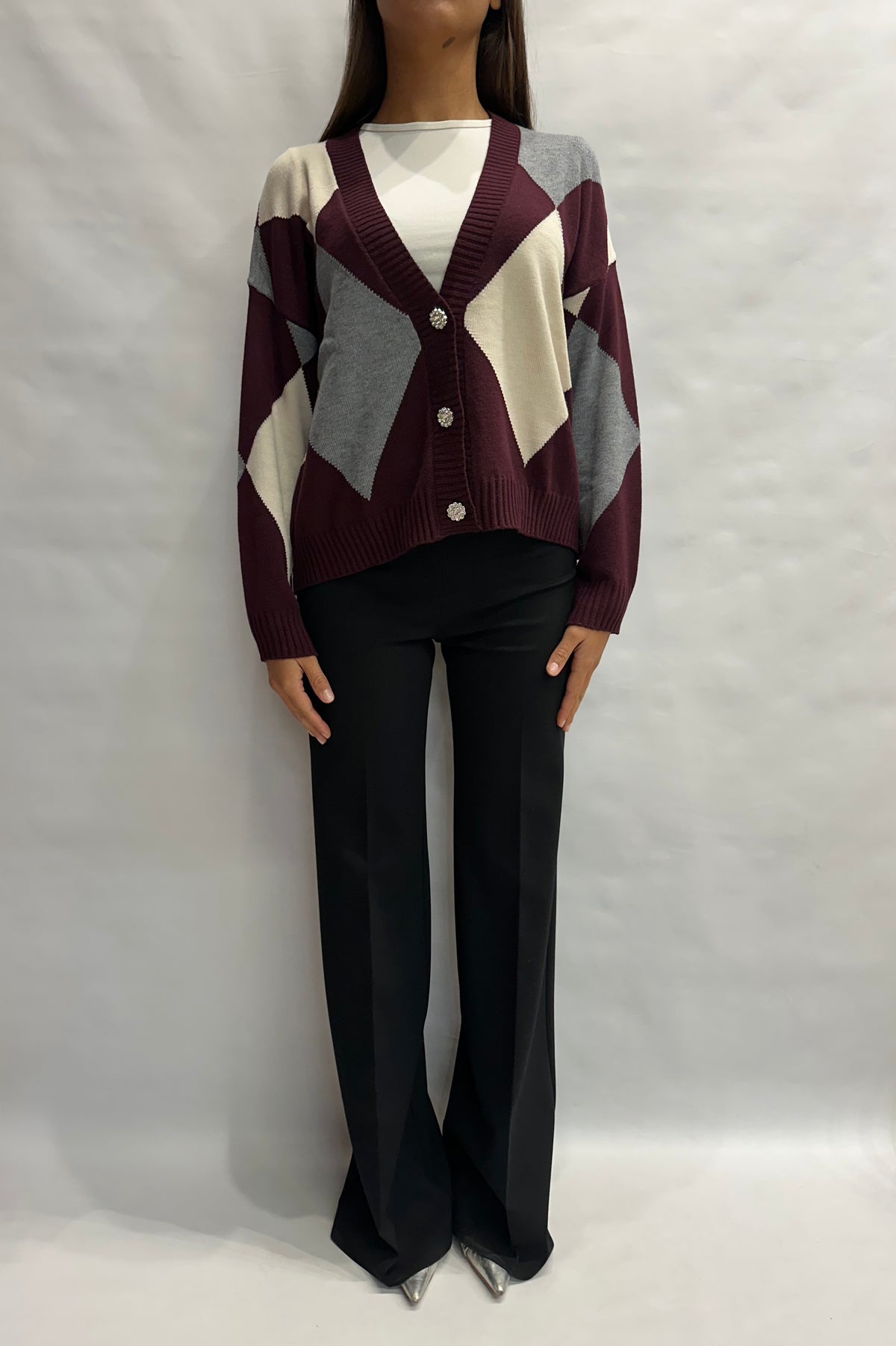 Cardigan BLUEJOINT regular a losanghe variante Bordeaux/Grigio/Panna, COD: 51287