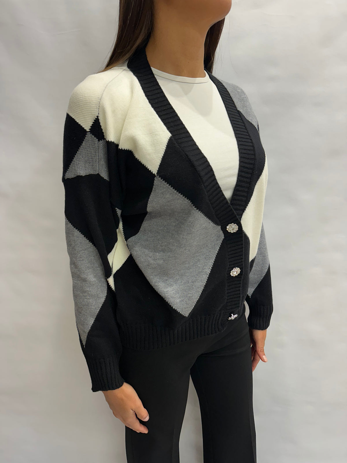 Cardigan BLUEJOINT regular a losanghe variante Nera/Grigia/Bianca, COD: 51287