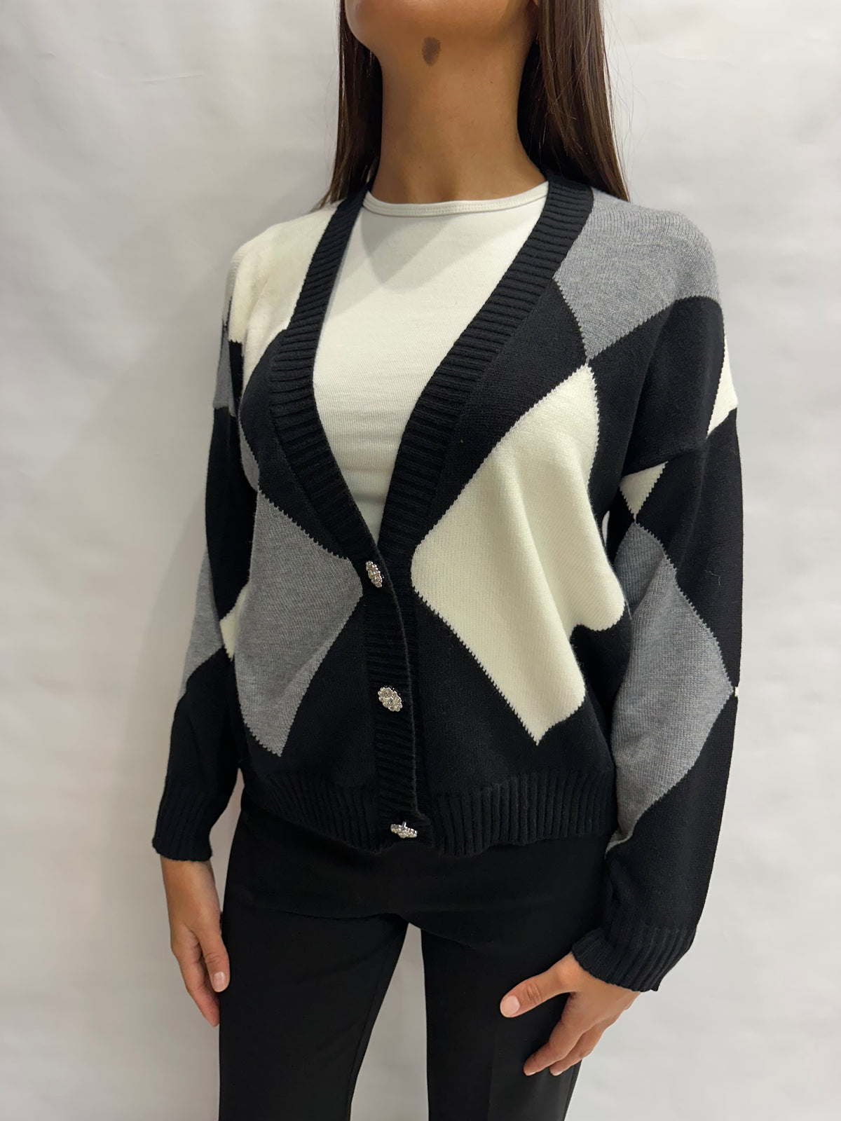 Cardigan BLUEJOINT regular a losanghe variante Nera/Grigia/Bianca, COD: 51287