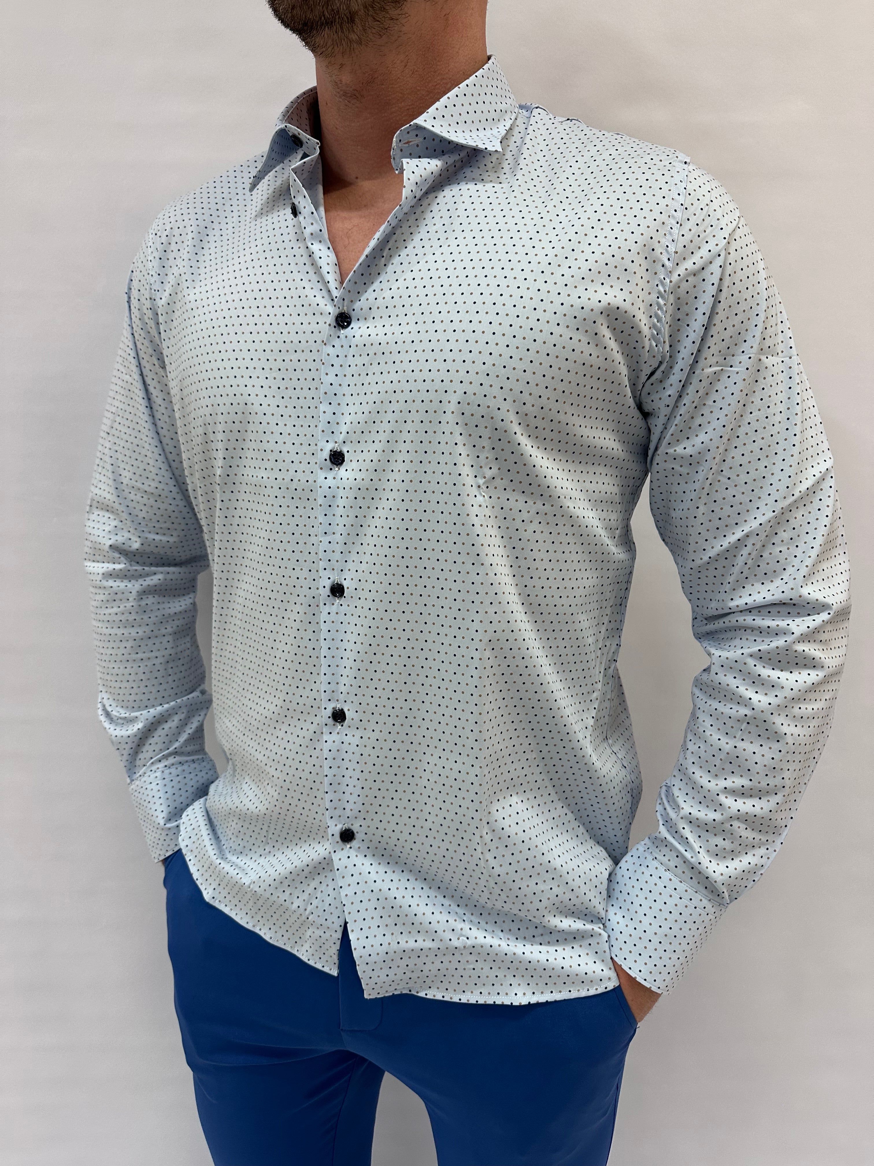 Camicia SL56 trama a poi blu e beige su base Azzurra - Cod: MADRID3710