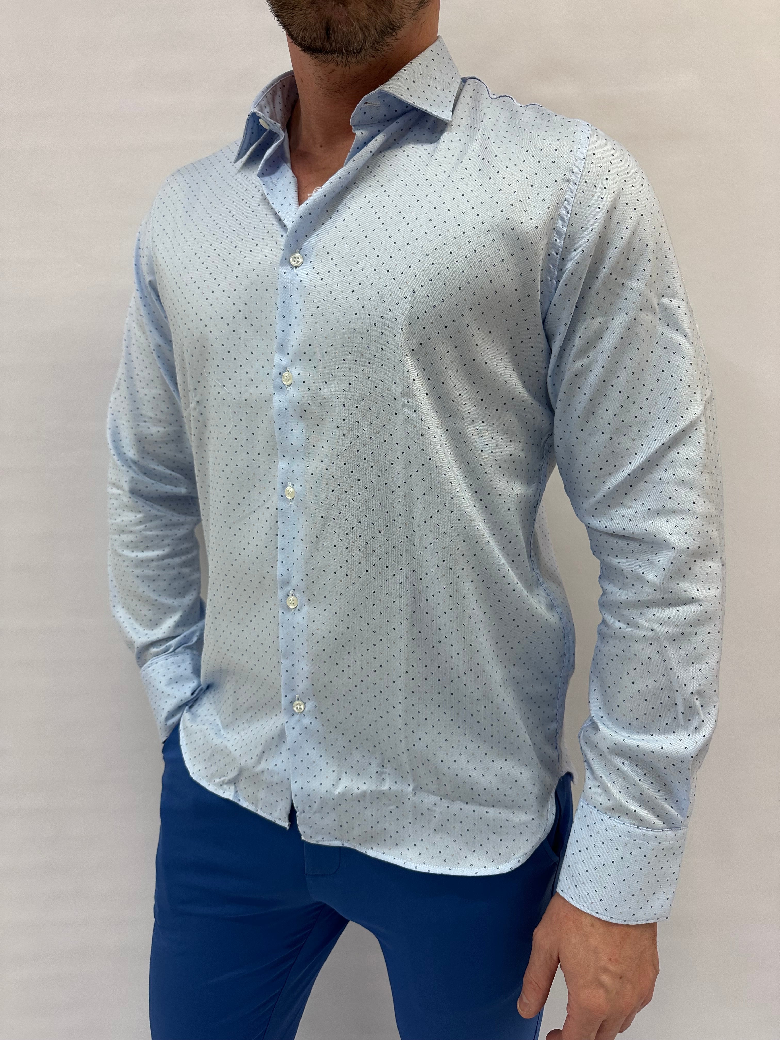 Camicia SL56 trama a piccoli cerchi blu e beige su base Azzurra - Cod: IRON3641