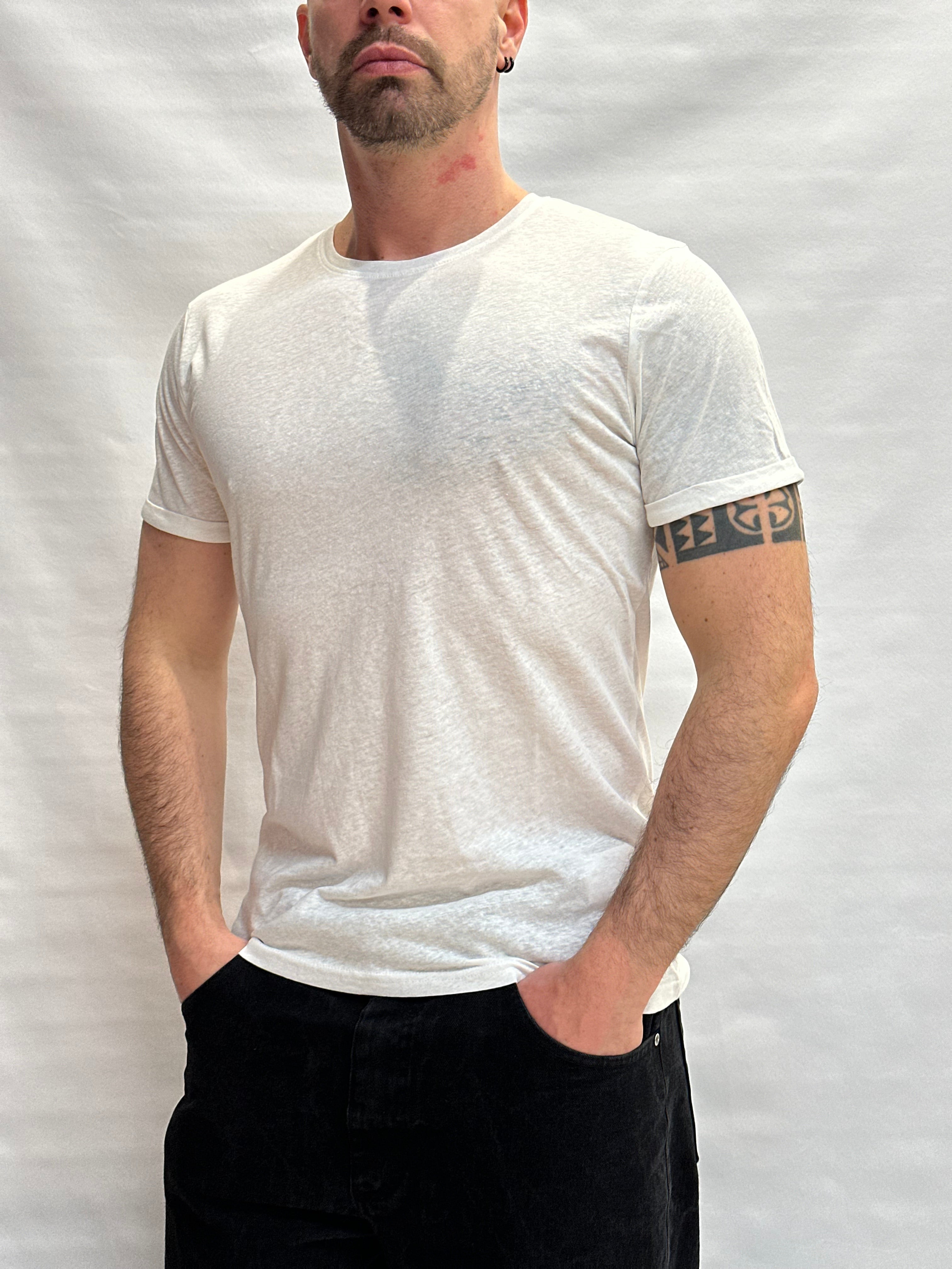 T Shirt BL11 Cotone/Lino regular, girocollo con risvolto sulla manica cucito  - Cod: GOTO