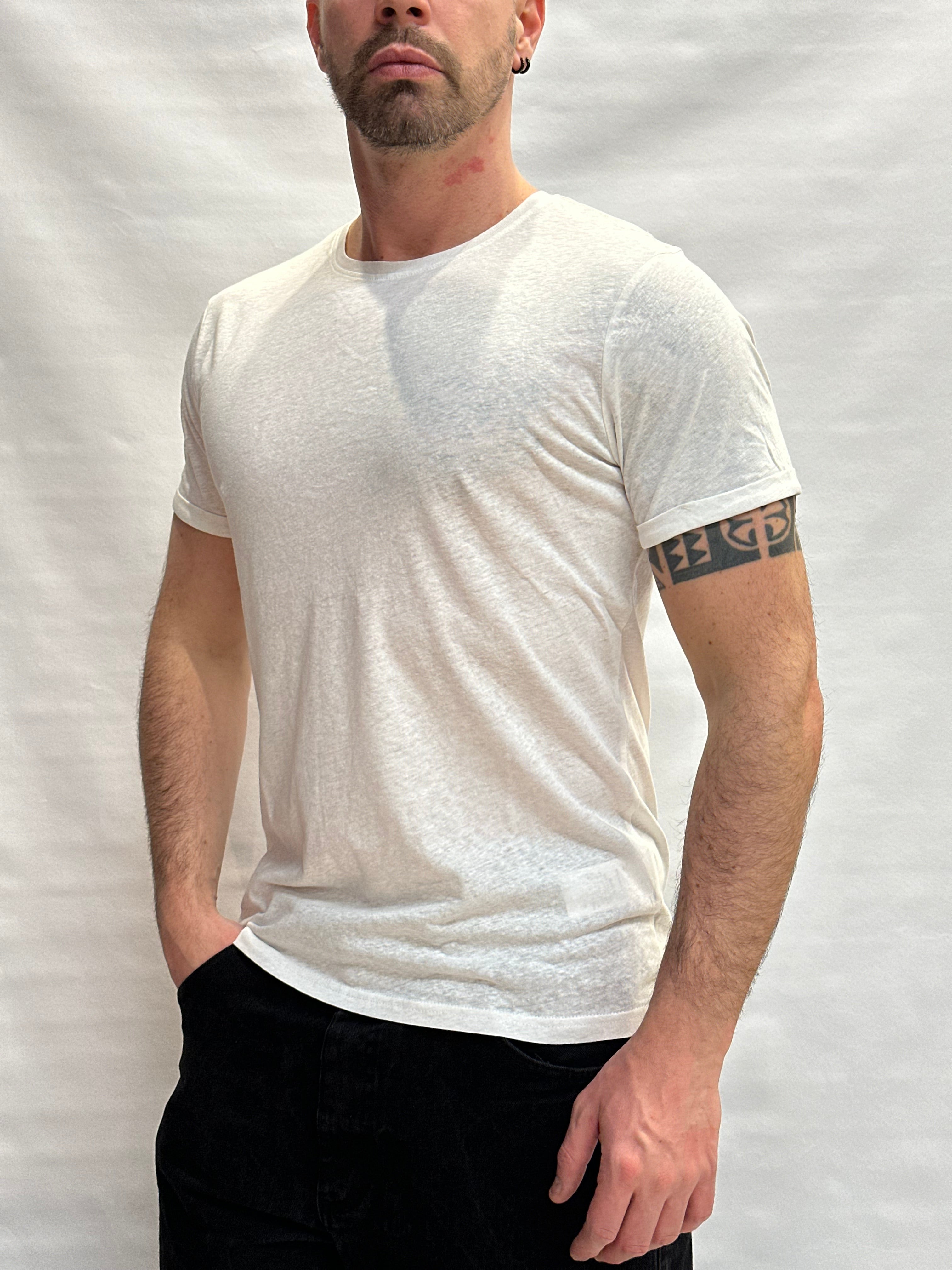 T Shirt BL11 Cotone/Lino regular, girocollo con risvolto sulla manica cucito  - Cod: GOTO