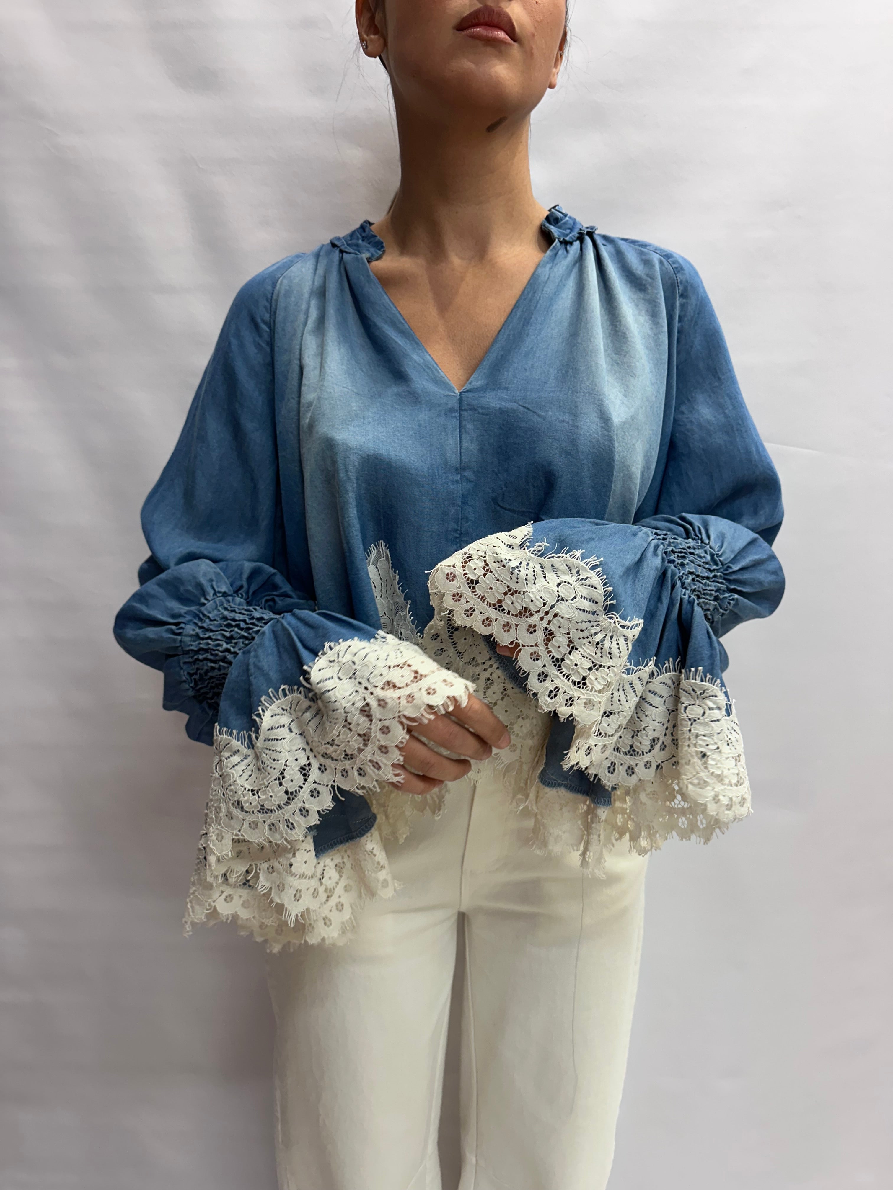 Camicia TENSIONE IN in Jeans con inserti in pizzo - Cod: S26C436