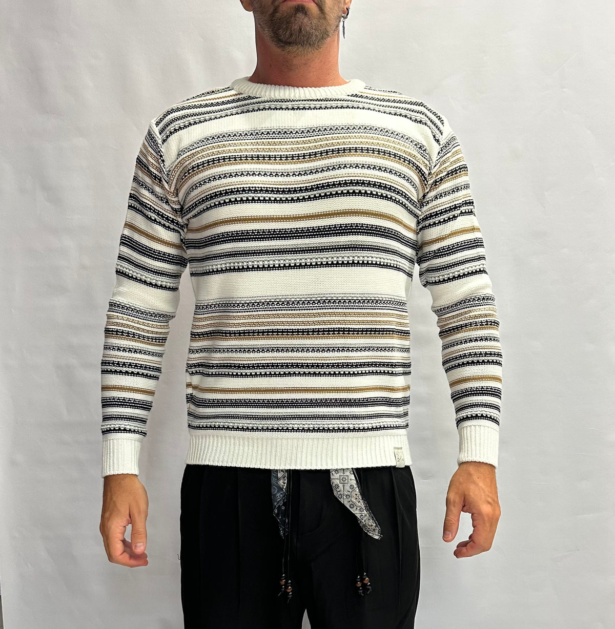 Maglione BL11 girocollo a righe irregolari con lavorazioni, Cod: 2463780001