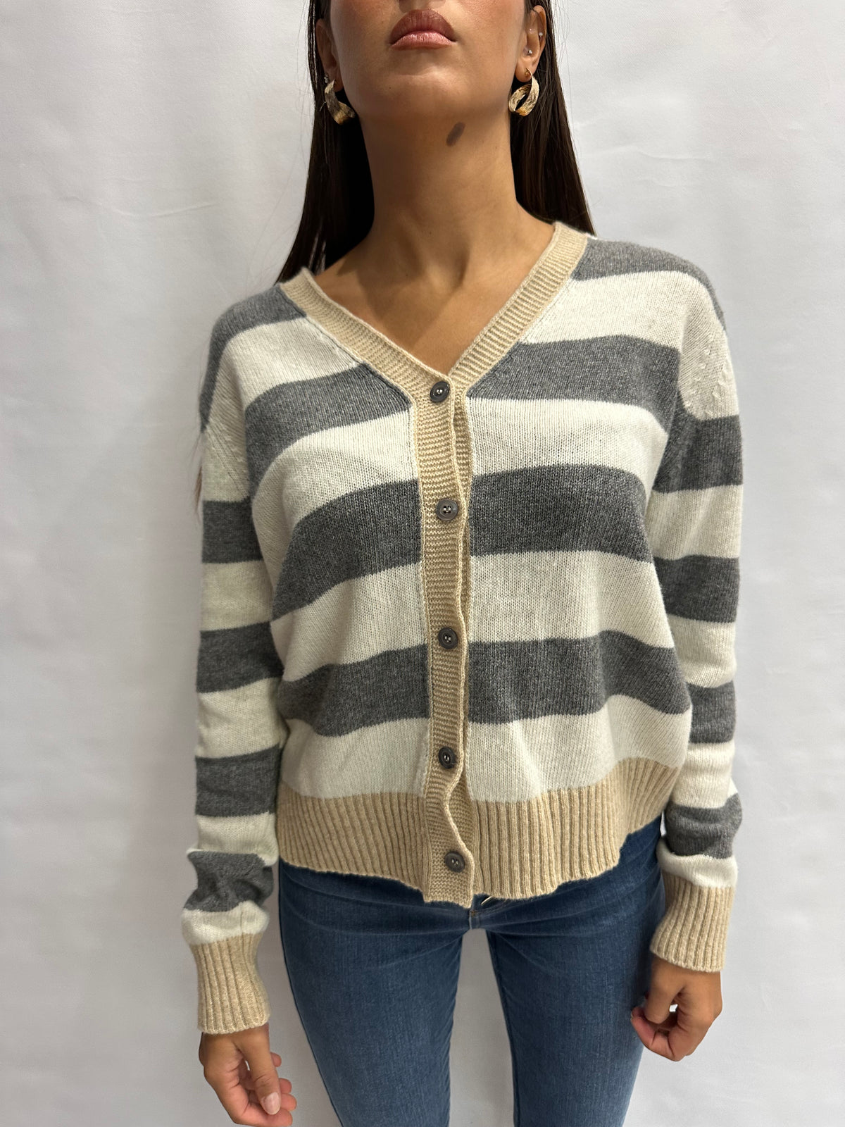 Cardigan BLUEJOINT regular a righe variante Grigio/Panna, COD: 51197