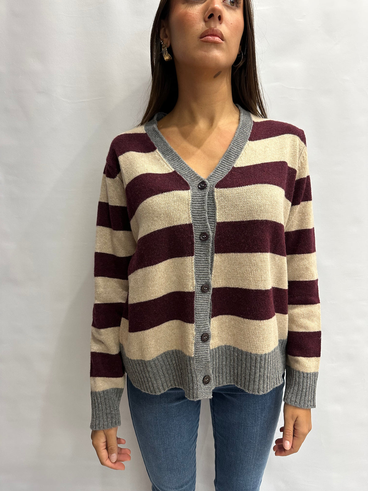 Cardigan BLUEJOINT regular a righe variante Bordeaux/Beige, COD: 51197