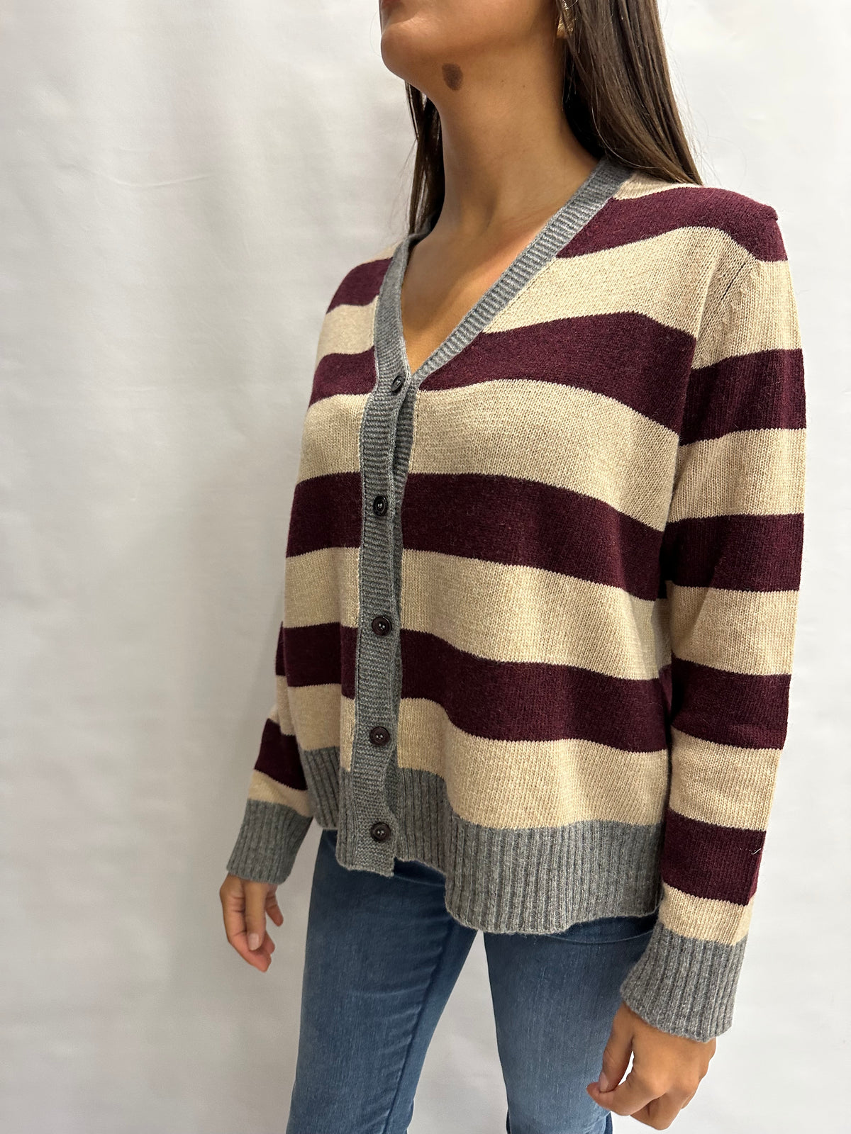 Cardigan BLUEJOINT regular a righe variante Bordeaux/Beige, COD: 51197