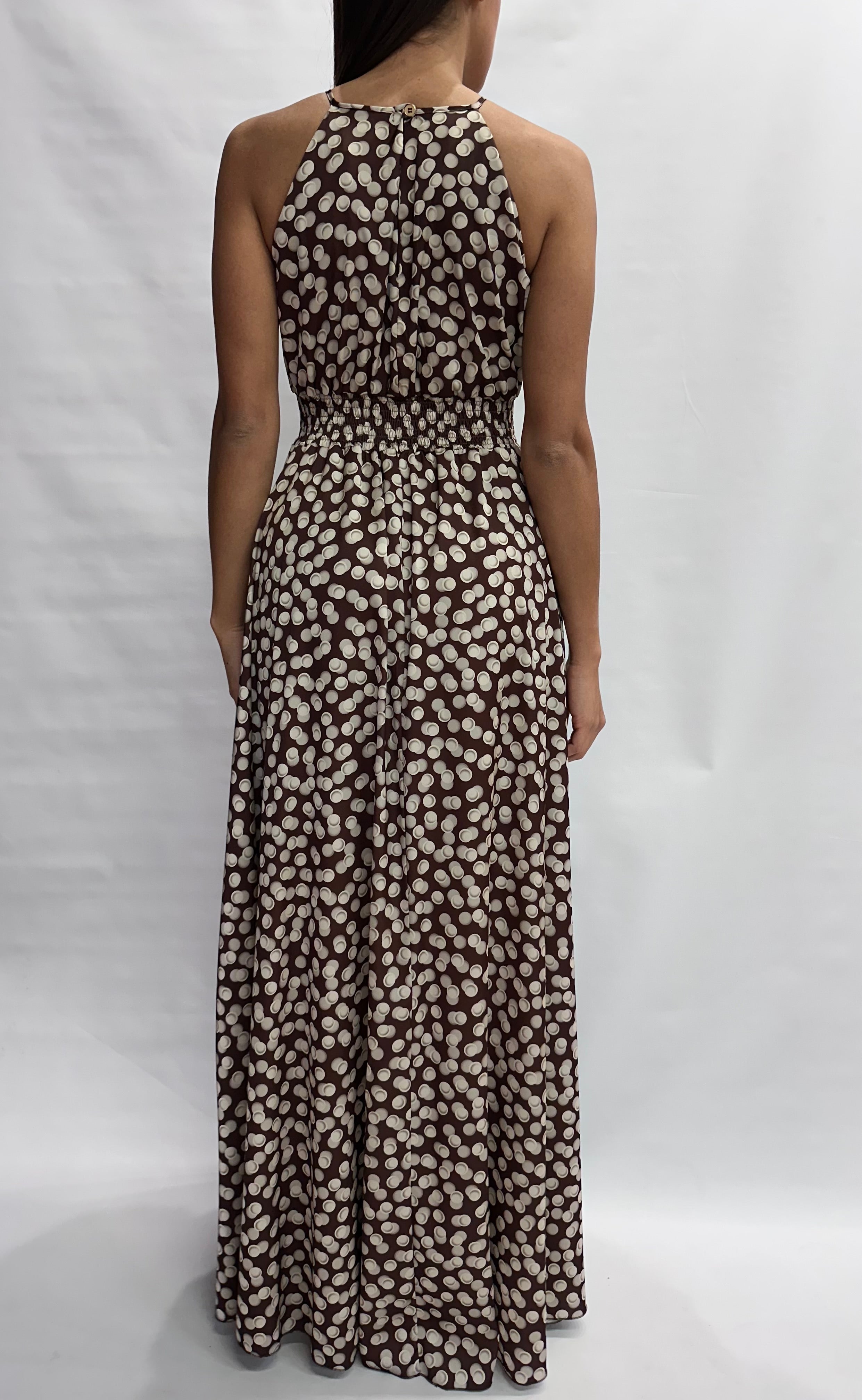 Abito RINASCIMENTO lungo in raso trama a piccole cerchi, con scollo all'americana - COD: CFC0129081003