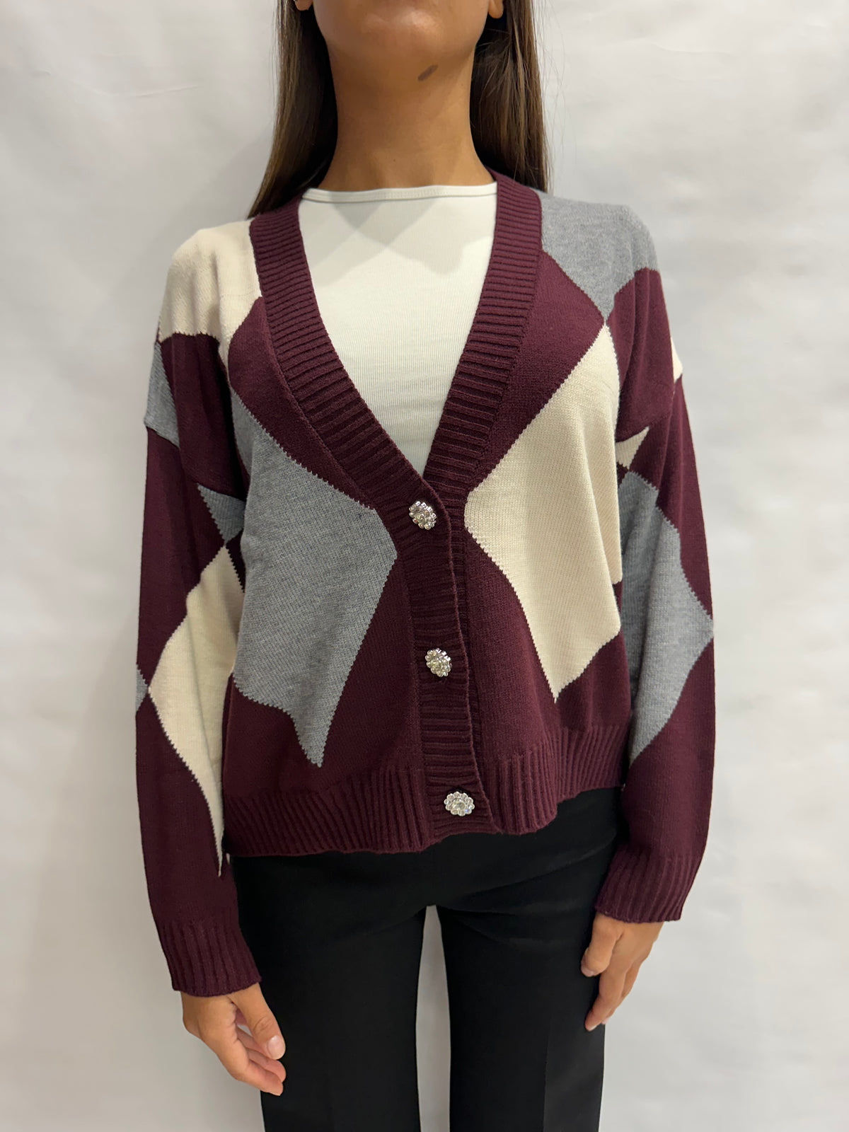 Cardigan BLUEJOINT regular a losanghe variante Bordeaux/Grigio/Panna, COD: 51287