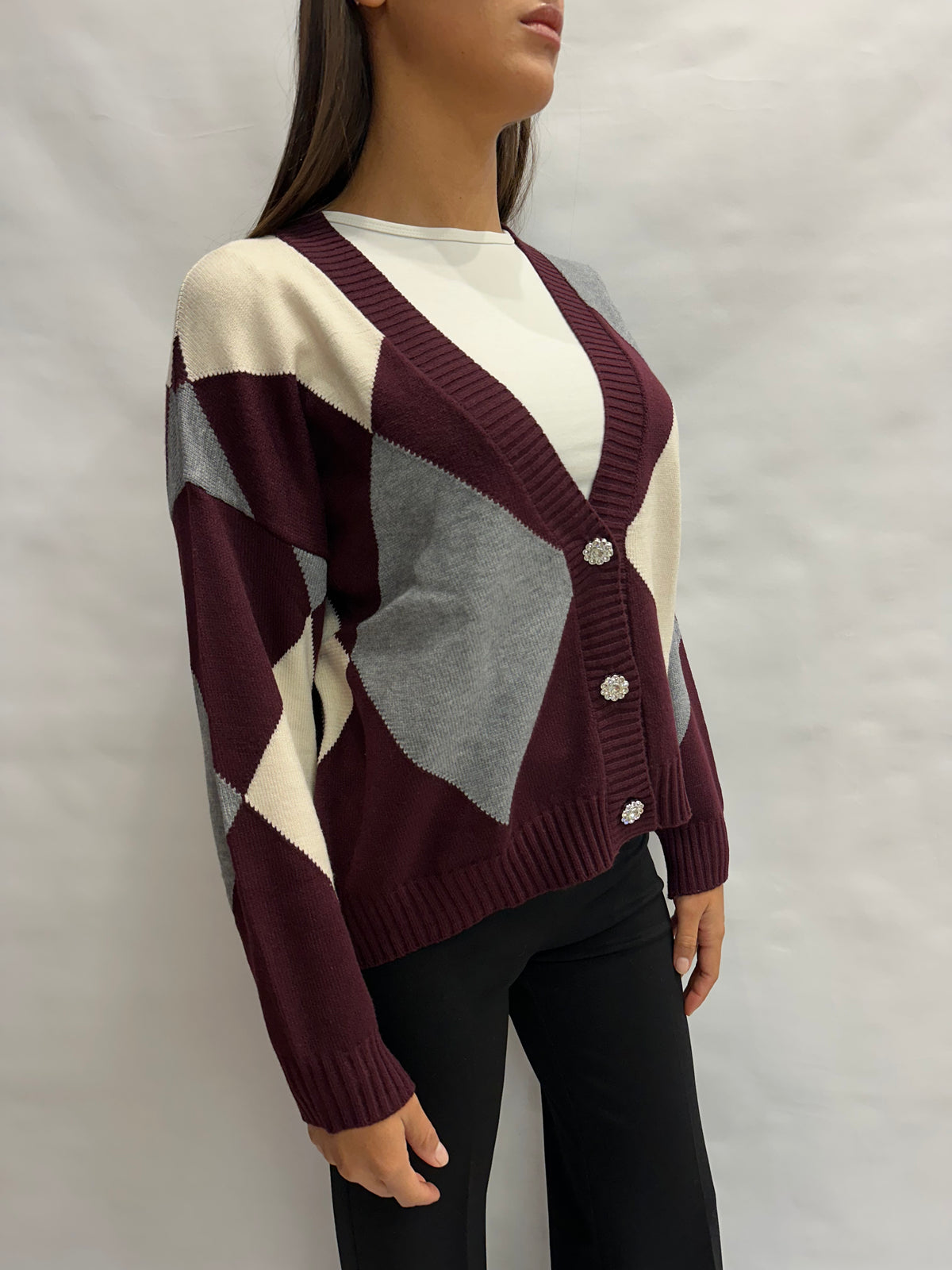 Cardigan BLUEJOINT regular a losanghe variante Bordeaux/Grigio/Panna, COD: 51287
