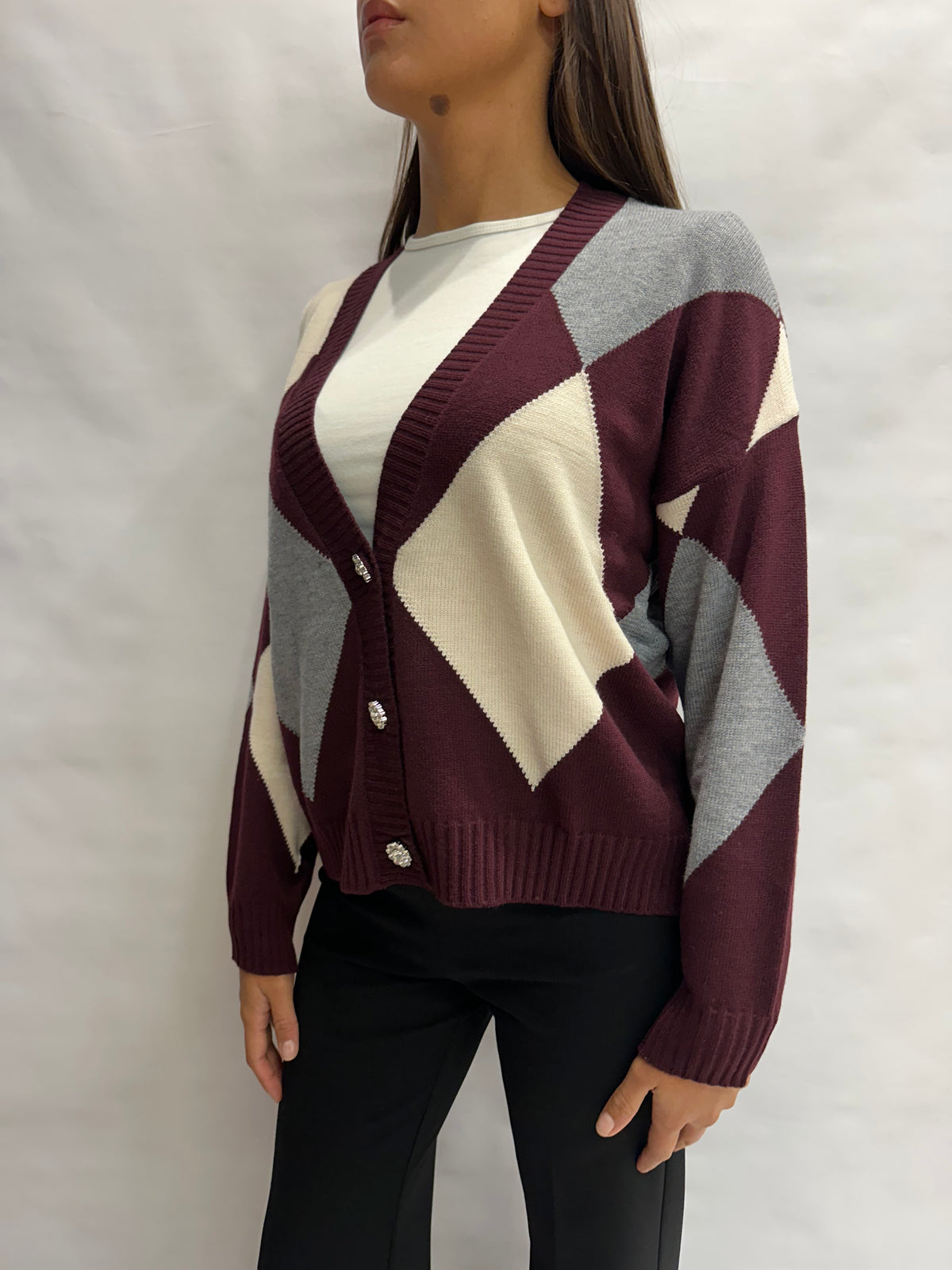 Cardigan BLUEJOINT regular a losanghe variante Bordeaux/Grigio/Panna, COD: 51287