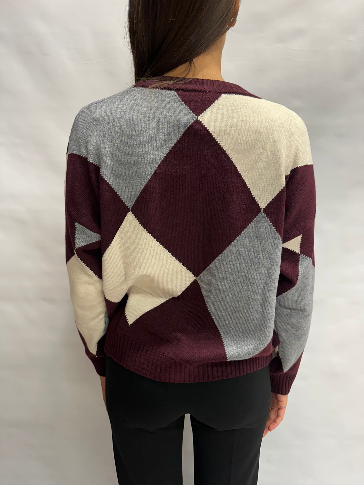 Cardigan BLUEJOINT regular a losanghe variante Bordeaux/Grigio/Panna, COD: 51287