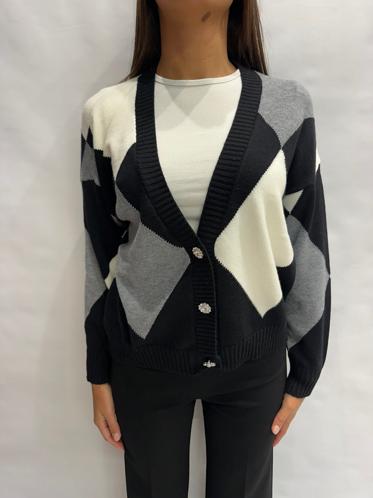 Cardigan BLUEJOINT regular a losanghe variante Nera/Grigia/Bianca, COD: 51287