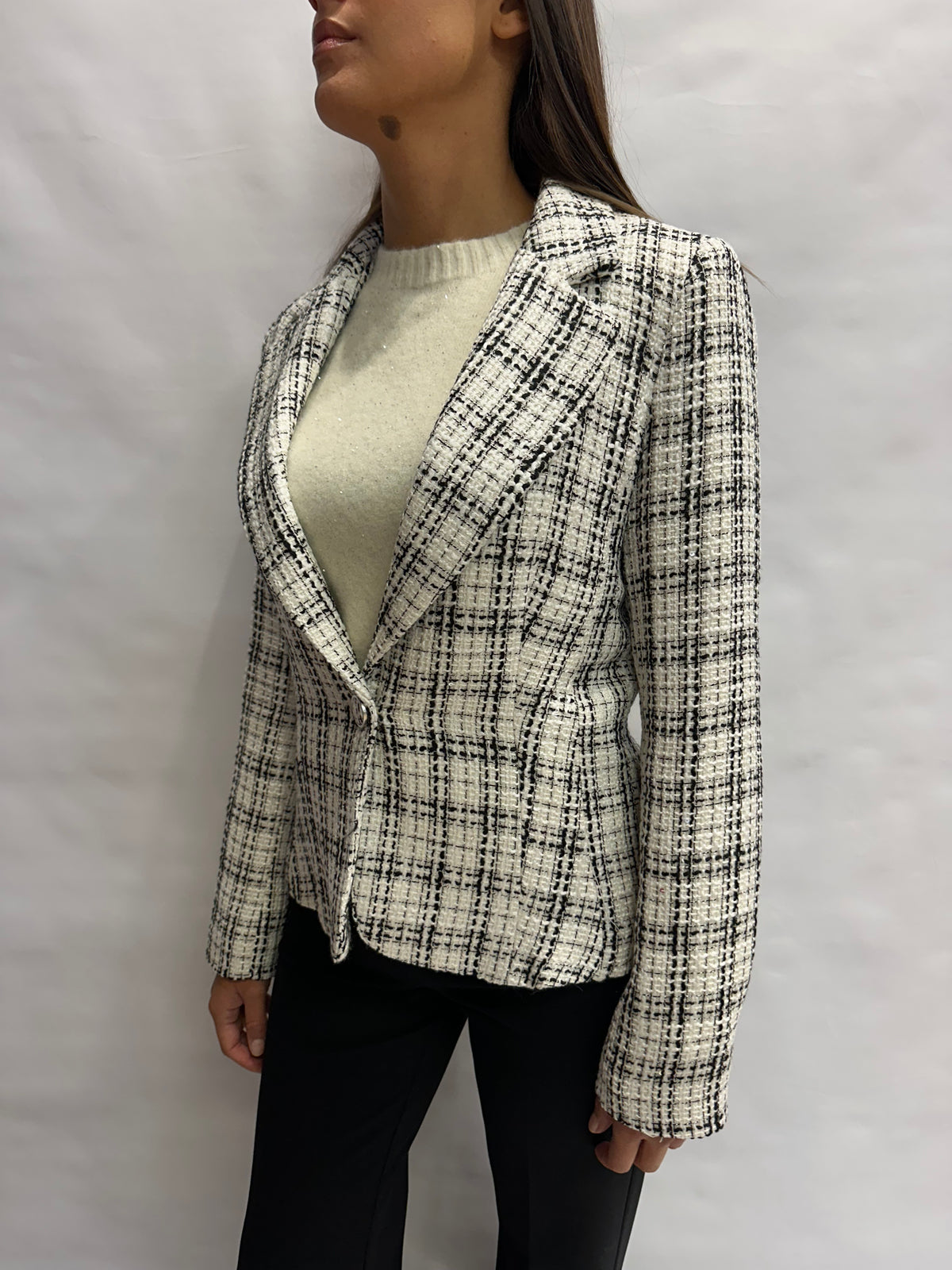 Giacca RINASCIMENTO monopetto trama Bianco/Nera e piccole paillettes - COD: CFC0131796003