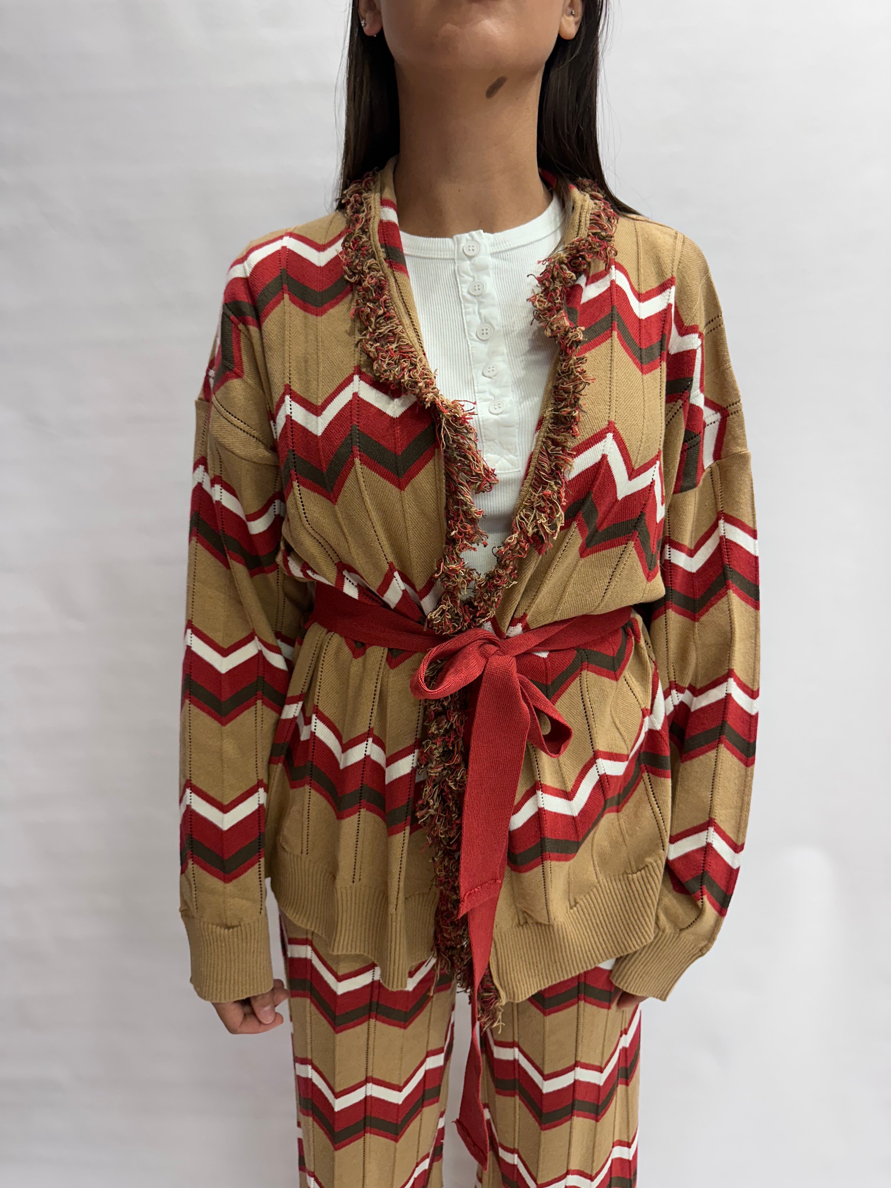 Cardigan TENSIONE IN in cotone con trama zig-zag e cintura in dotazione,  COD: 40A414